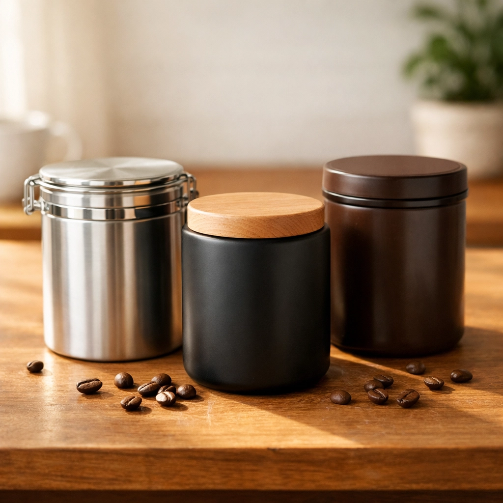 Various airtight coffee storage containers on kitchen counter with whole coffee beans