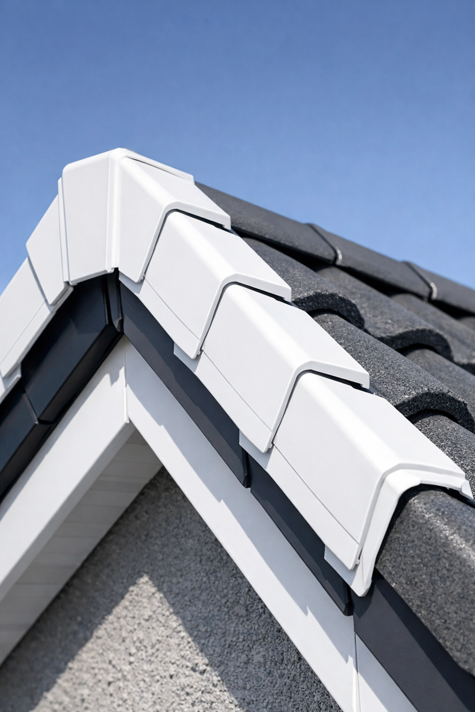 Modern dry verge system installed on roof tiles with interlocking plastic caps