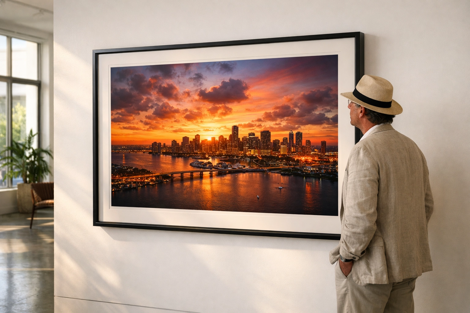 Collector viewing a limited edition photography print of a Miami sunset, highlighting museum quality archival prints.