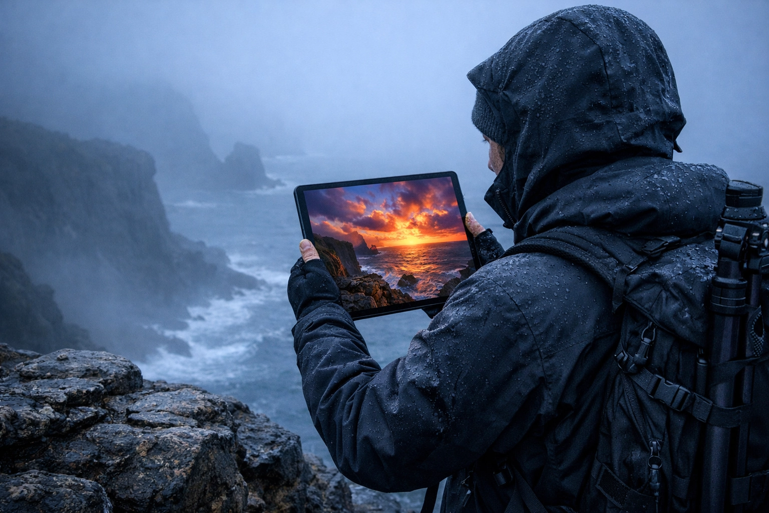 Photographer using the best photo editing software with AI tools to enhance a landscape on a tablet.