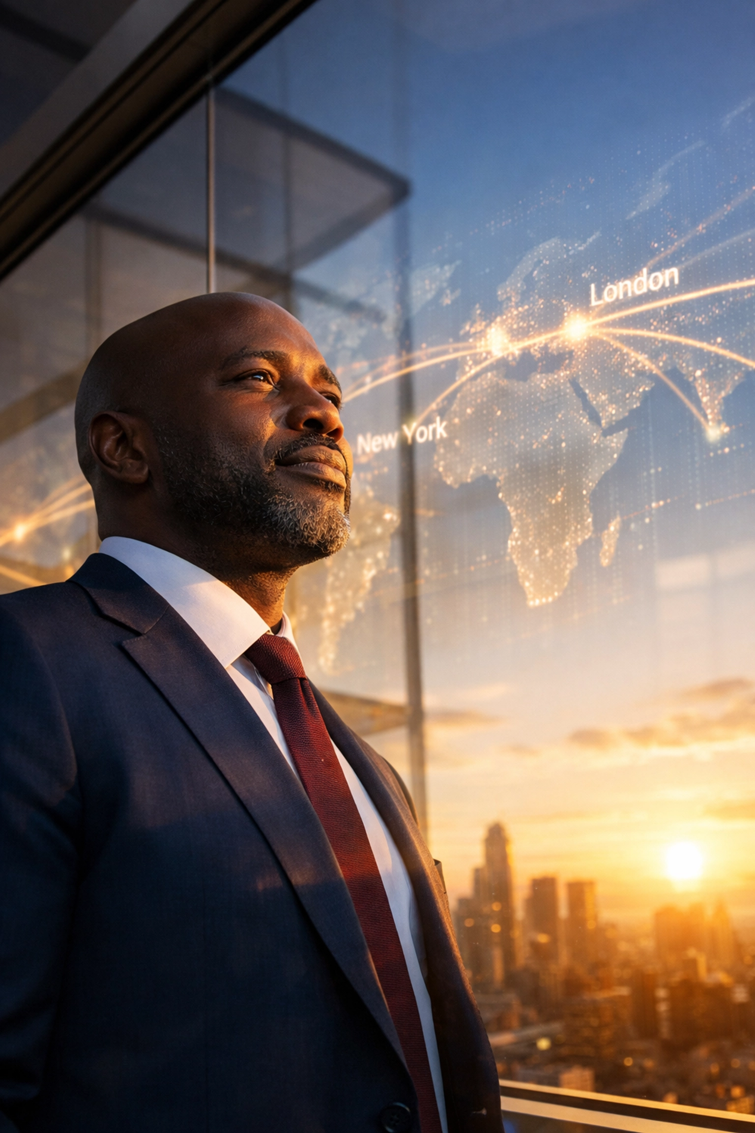 Visionary CEO overlooking a global business network to scale creative hubs through structured infrastructure.