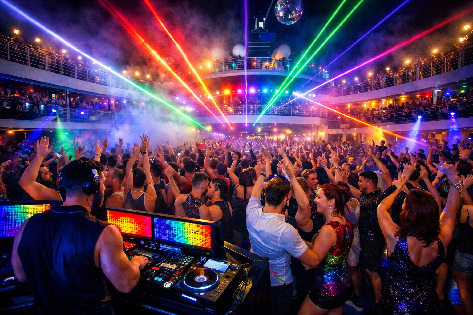 Gay cruise nightclub with dancing crowds and DJ entertainment