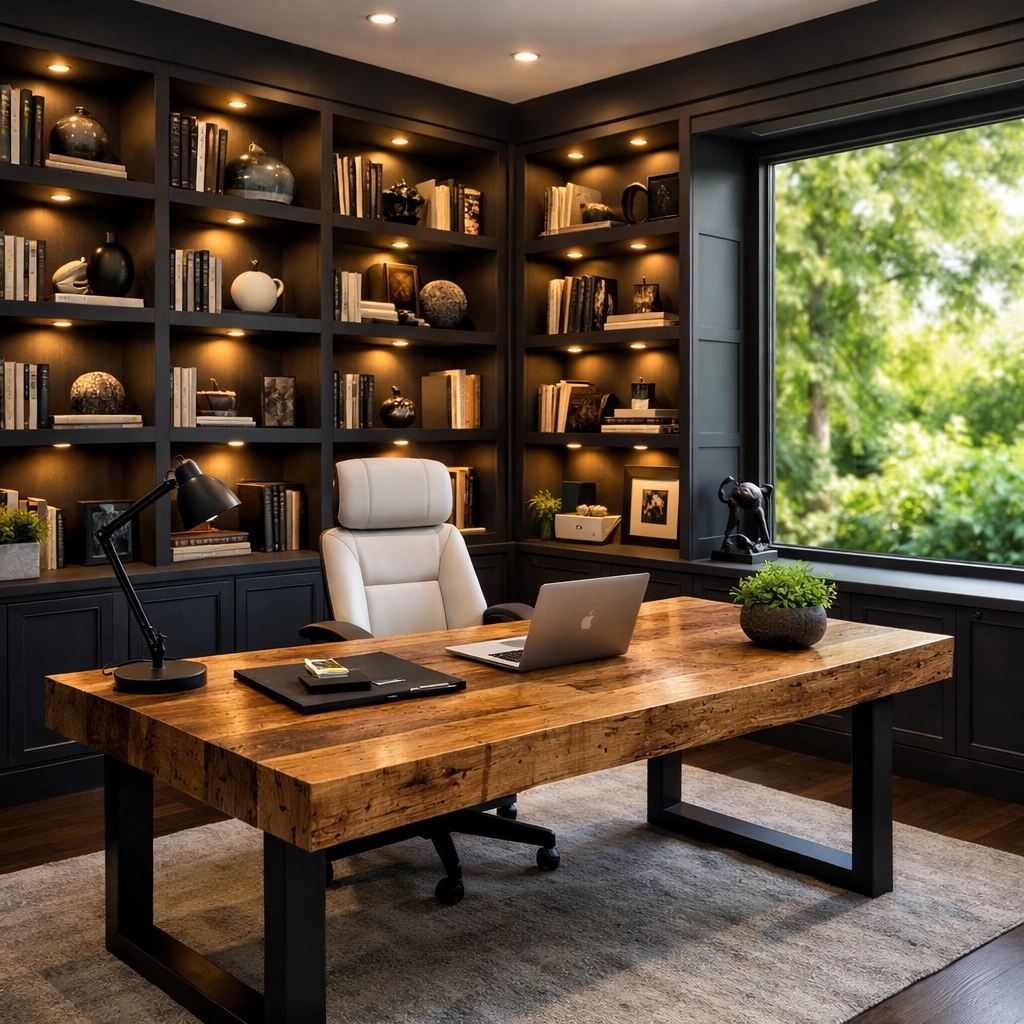 Custom home office remodel in Orlando with built-in library shelving and modern minimalist furniture.