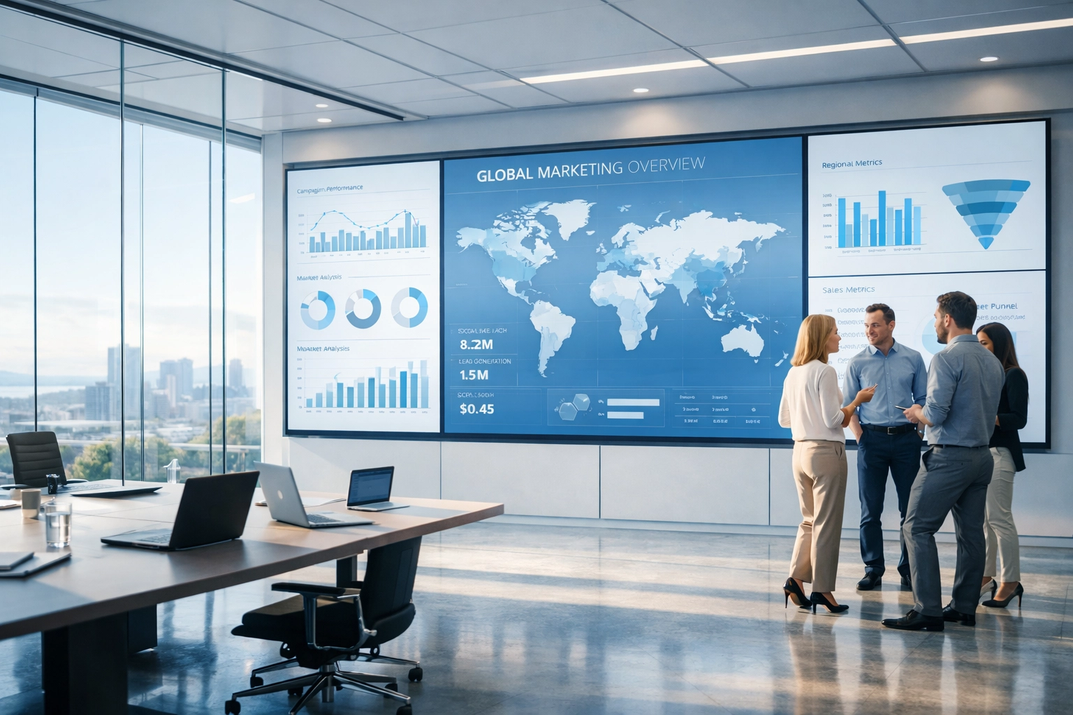 Professionals collaborating in a modern global marketing operations center with digital data screens.