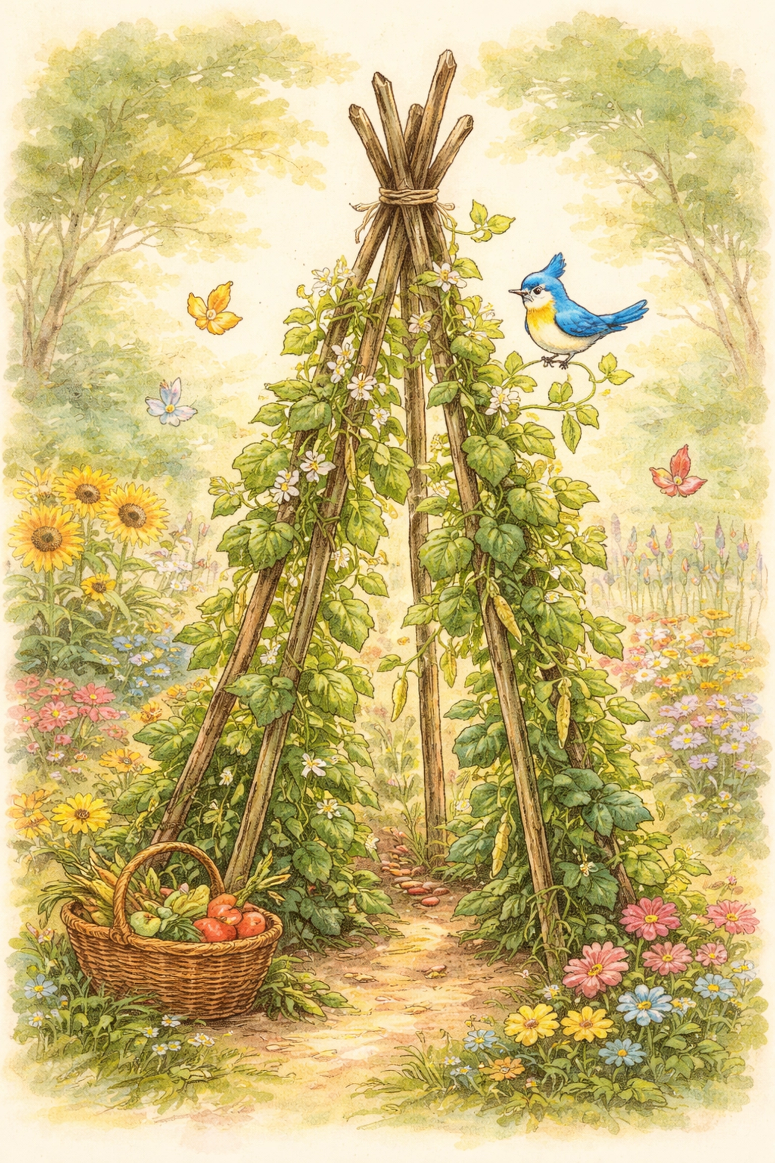 Storybook illustration of a garden bean pole teepee with climbing vines, bluebird, and butterflies in soft watercolor style