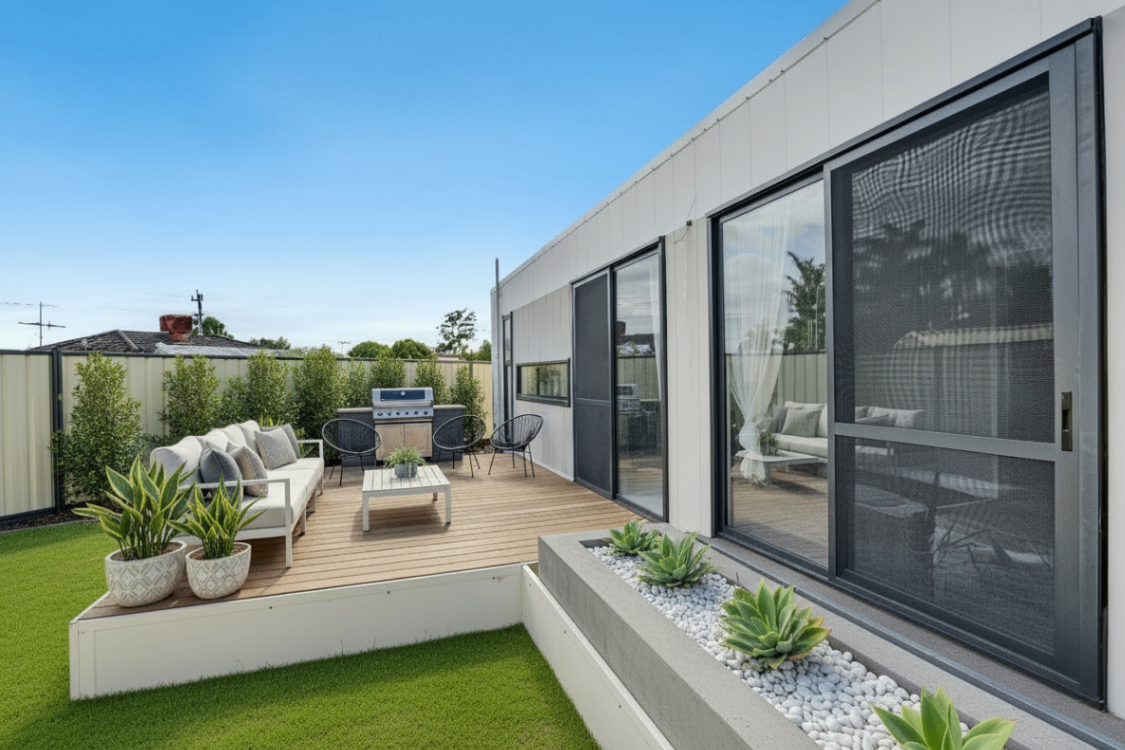 Completed modular home with outdoor living