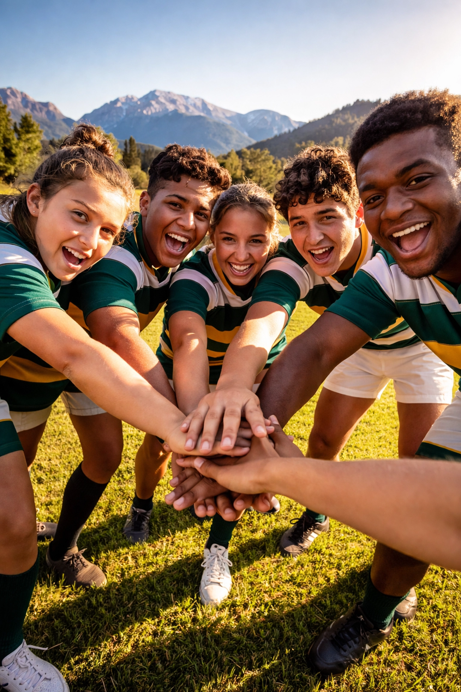 Diverse youth rugby players huddle on a sunny Colorado field, showing teamwork and club unity