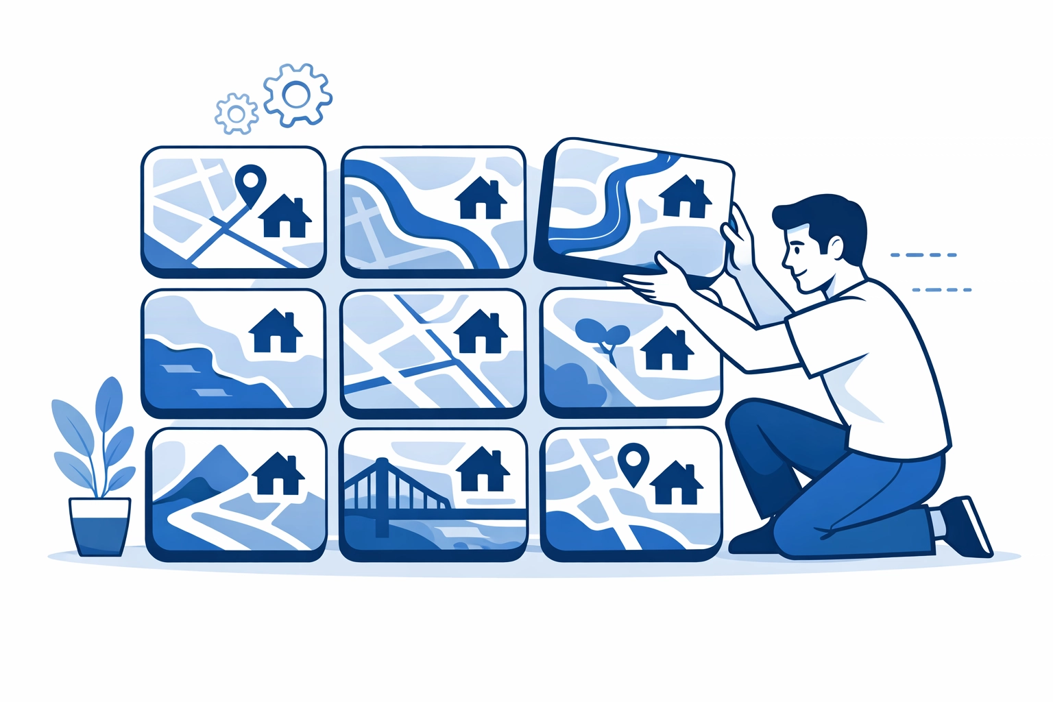 Flat illustration of a digital strategy creating unique local landing pages for Monmouth County SEO growth.