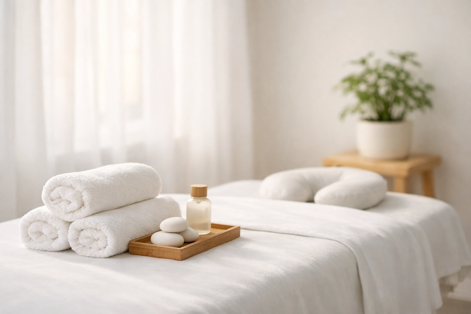 Clean massage room setup with fresh linens and towels for a calm, professional clinical vibe