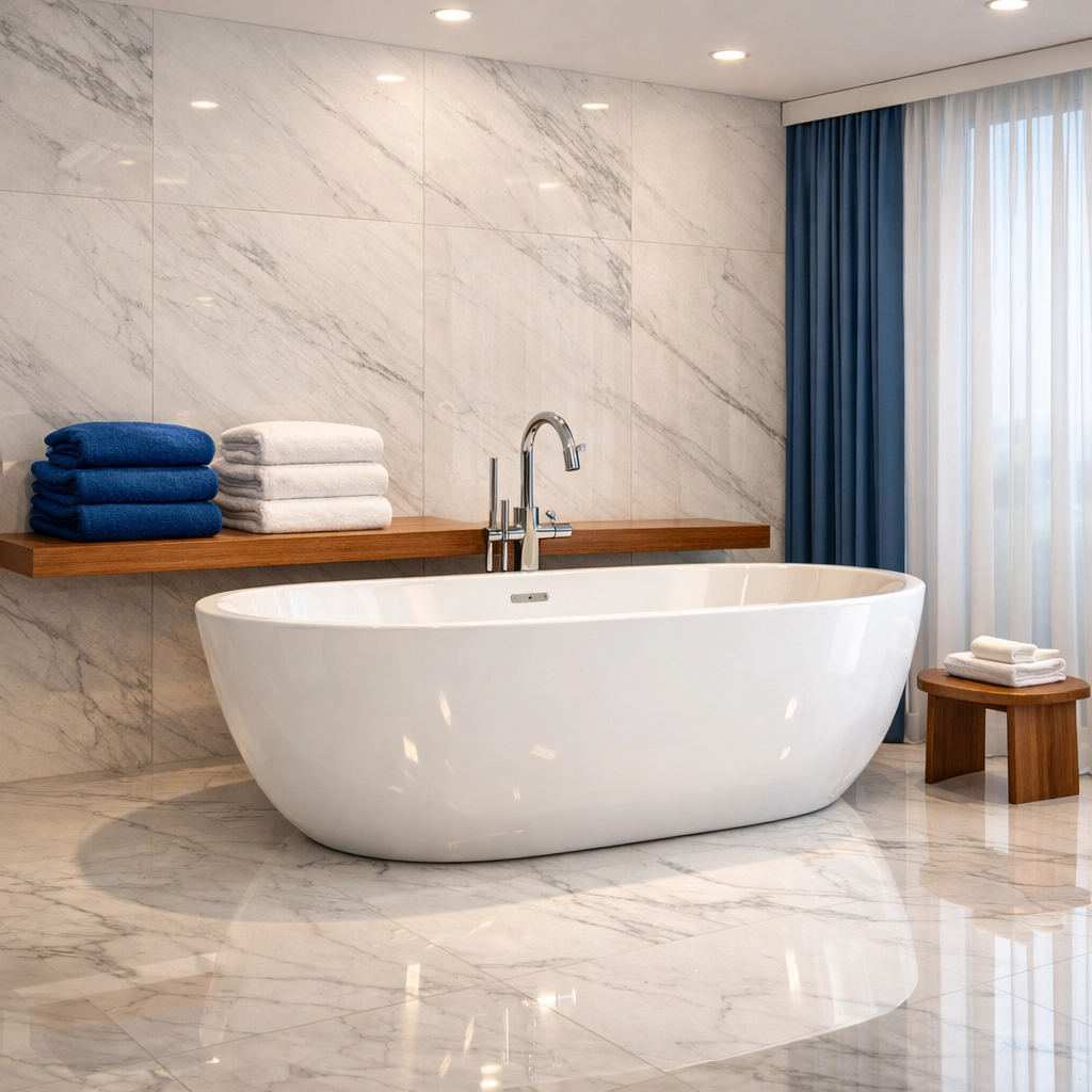 Sanitized luxury bathroom in Truro with sparkling marble floors and a freestanding soaking tub.