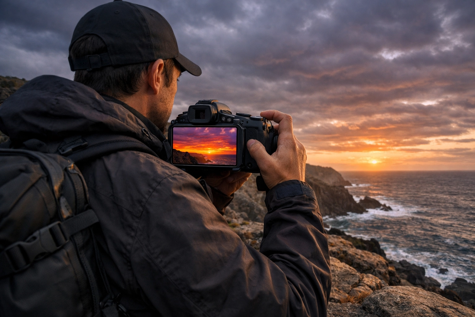 Photographer using AI-powered mirrorless tech to re-light a sunset landscape in real-time.