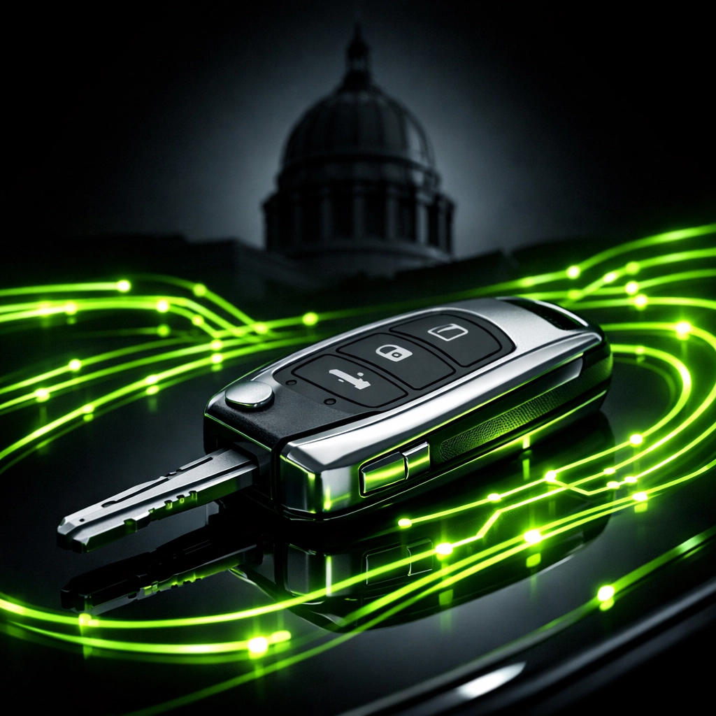 Silver car key with neon digital trails near the Jefferson City Missouri state capitol silhouette.