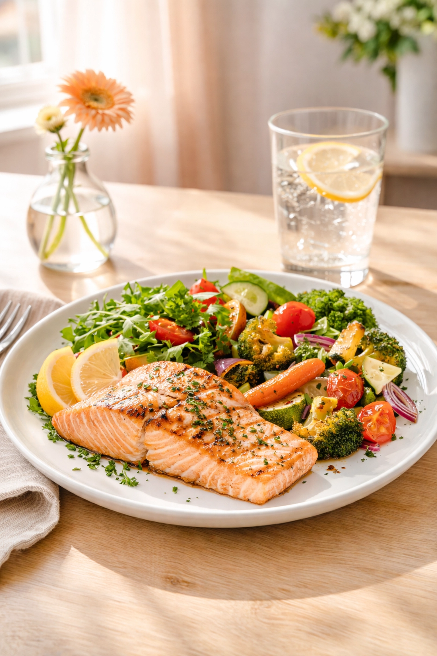 Healthy meal of salmon and vegetables in Sarasota assisted living dining room