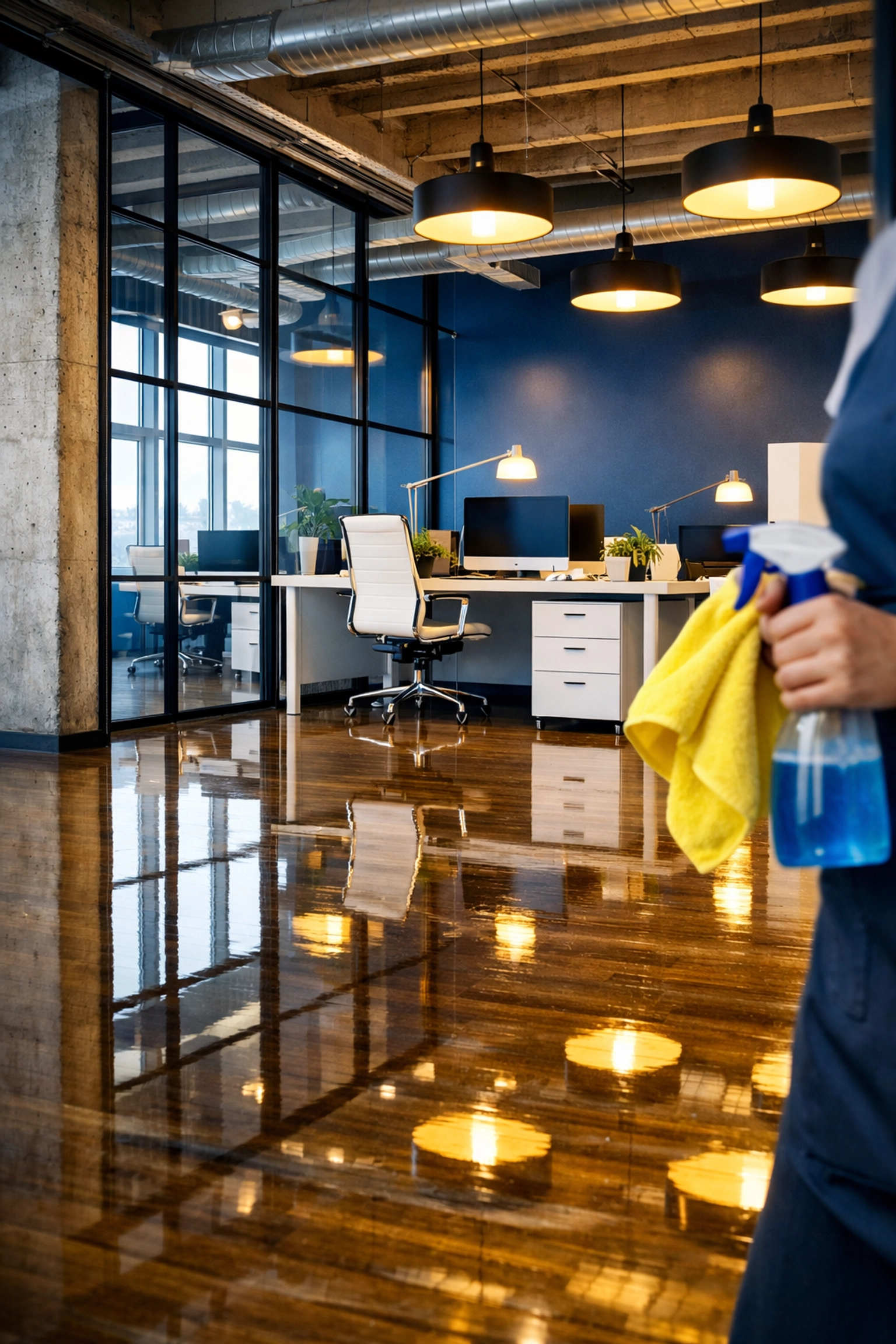 Dust-free renovated workspace in Milford after high-quality post-construction commercial cleaning services.