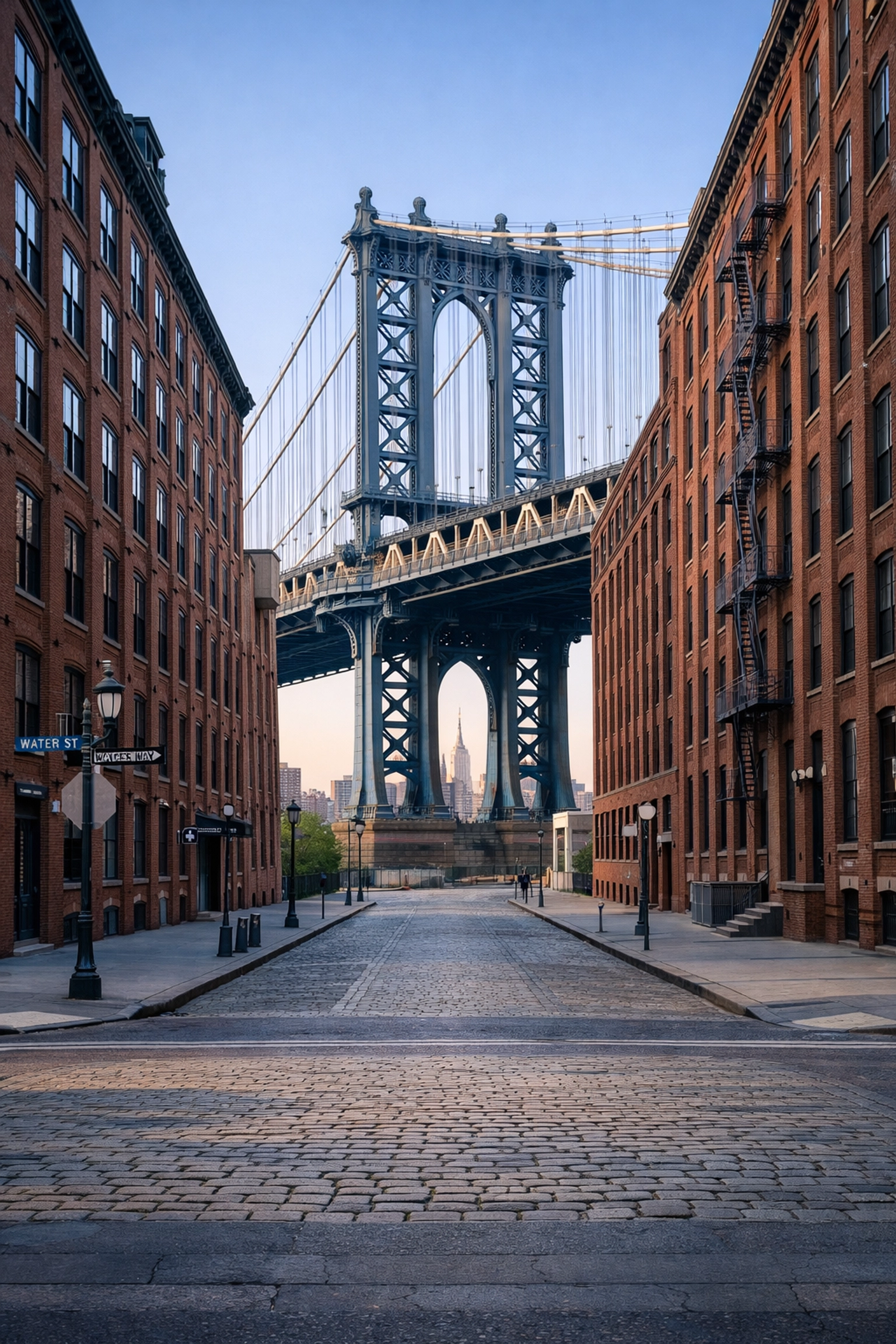 Manhattan Bridge framed by historic brick buildings in DUMBO at sunrise, a top NYC photo spot.