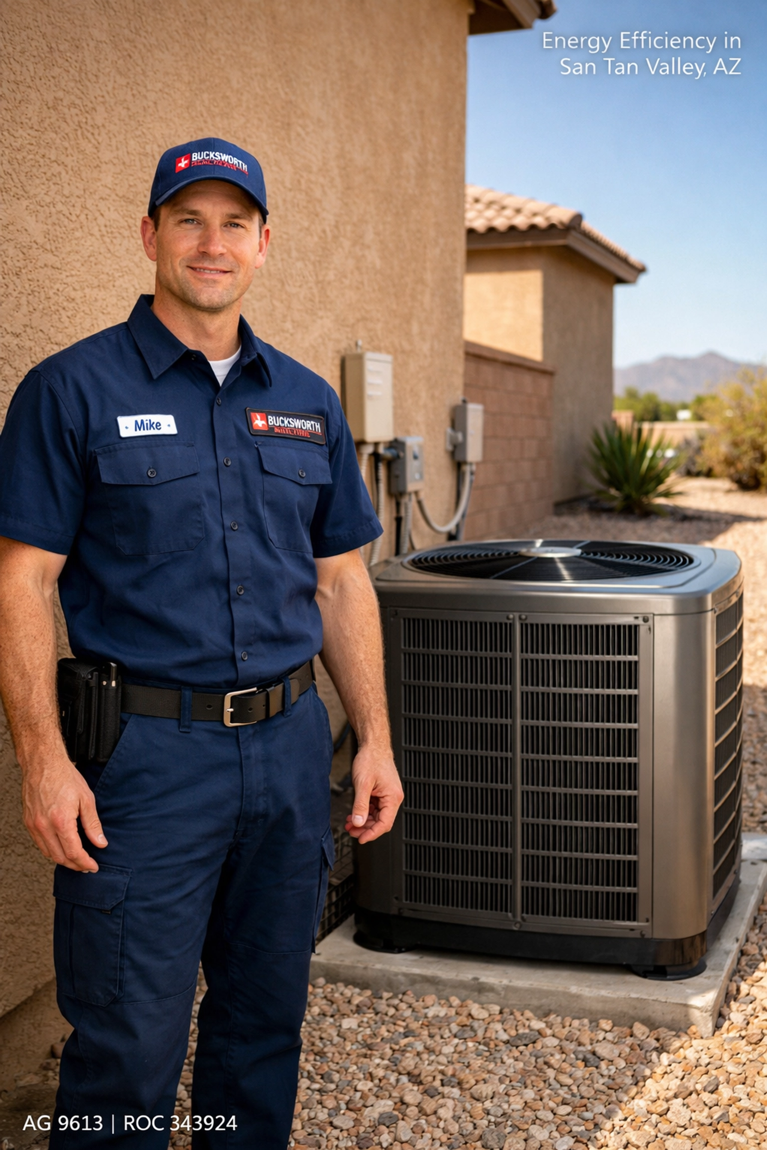 Bucksworth technician with a high-efficiency AC unit for improved energy efficiency in San Tan Valley AZ.