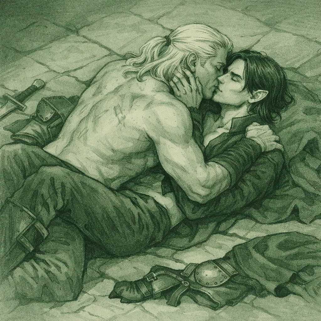 Witcher and vampire in passionate embrace - MM fantasy romance illustration