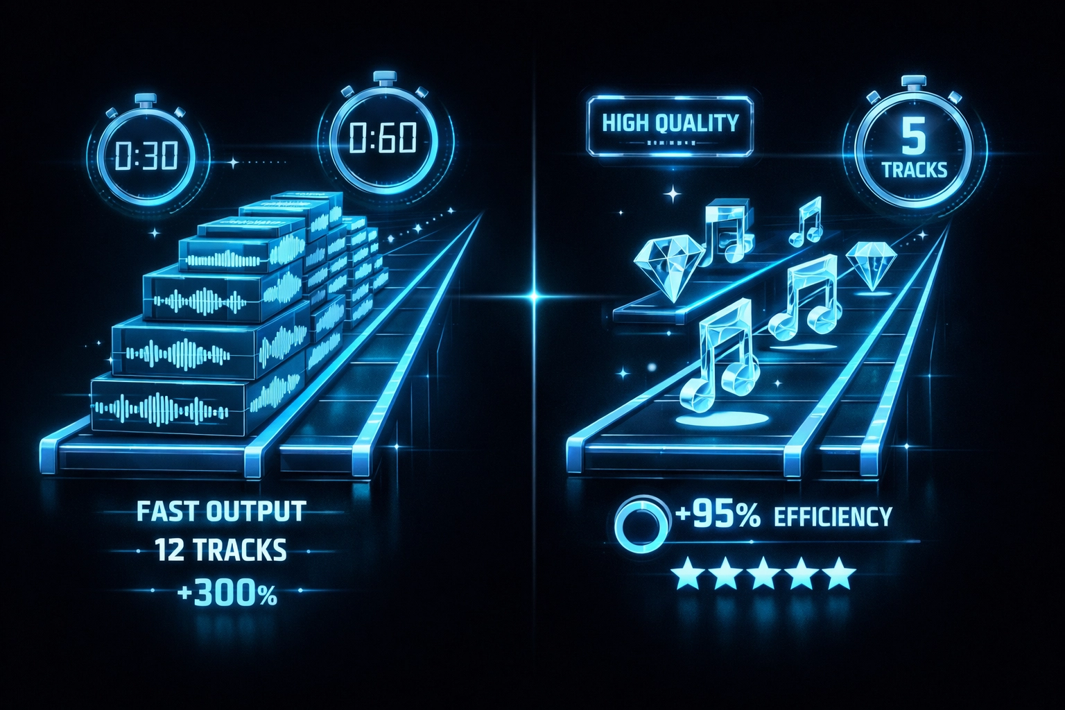 Visual comparison of AI music generation speed and efficiency between fast and quality-focused workflows
