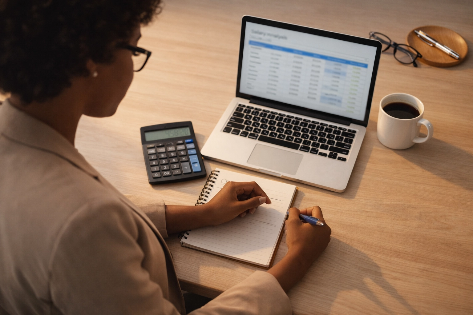 Laptop and calculator on desk for S corp salary research and compensation planning