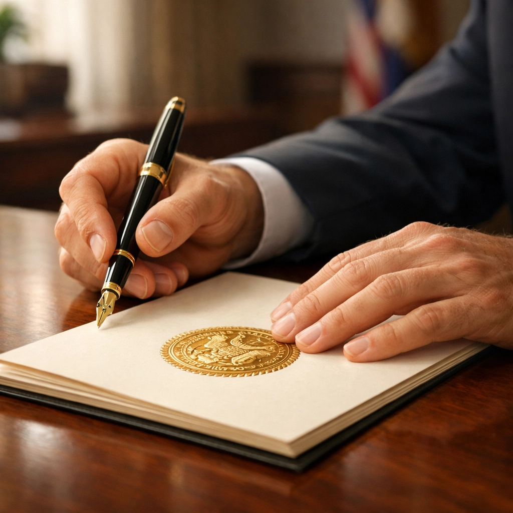 Hands signing official legal documents for apostille in Pennsylvania with a professional gold seal.