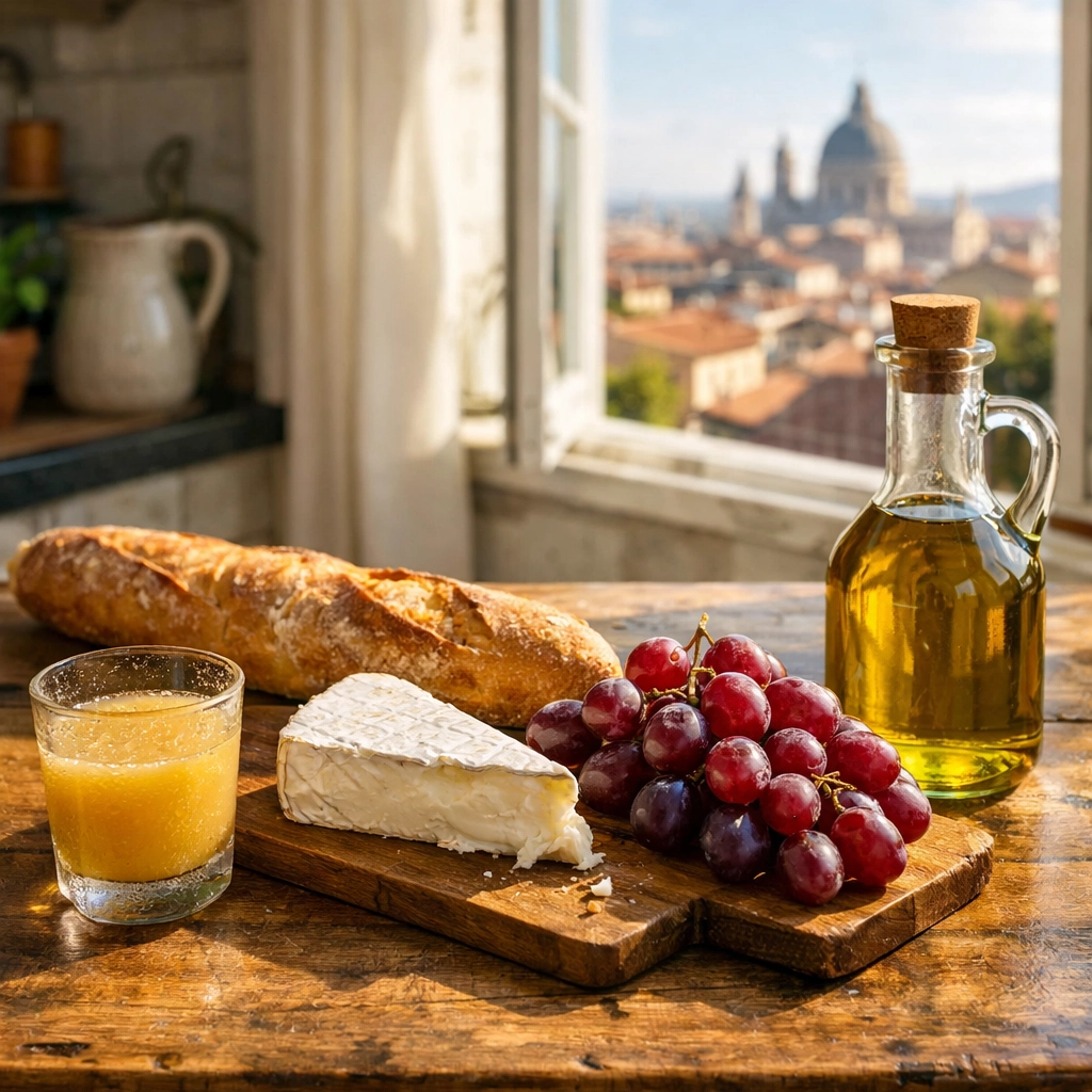 Fresh local groceries in a travel kitchen for a simple, budget travel food meal.