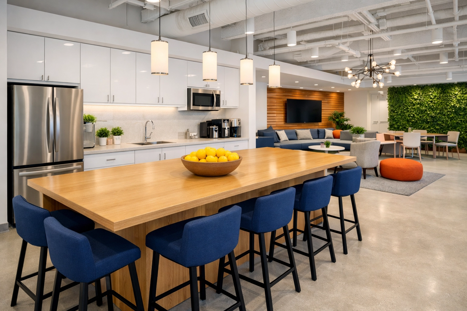 Sanitized modern office breakroom in Bedford showing the results of professional commercial cleaning.