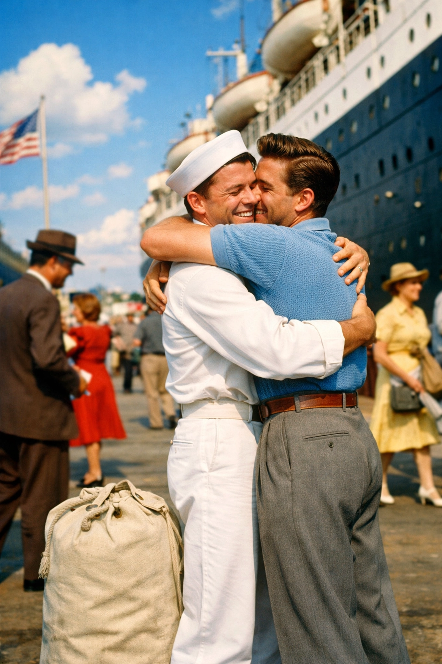 A joyful reunion between a Merchant Navy sailor and his male partner at a bustling 1950s shipping port.