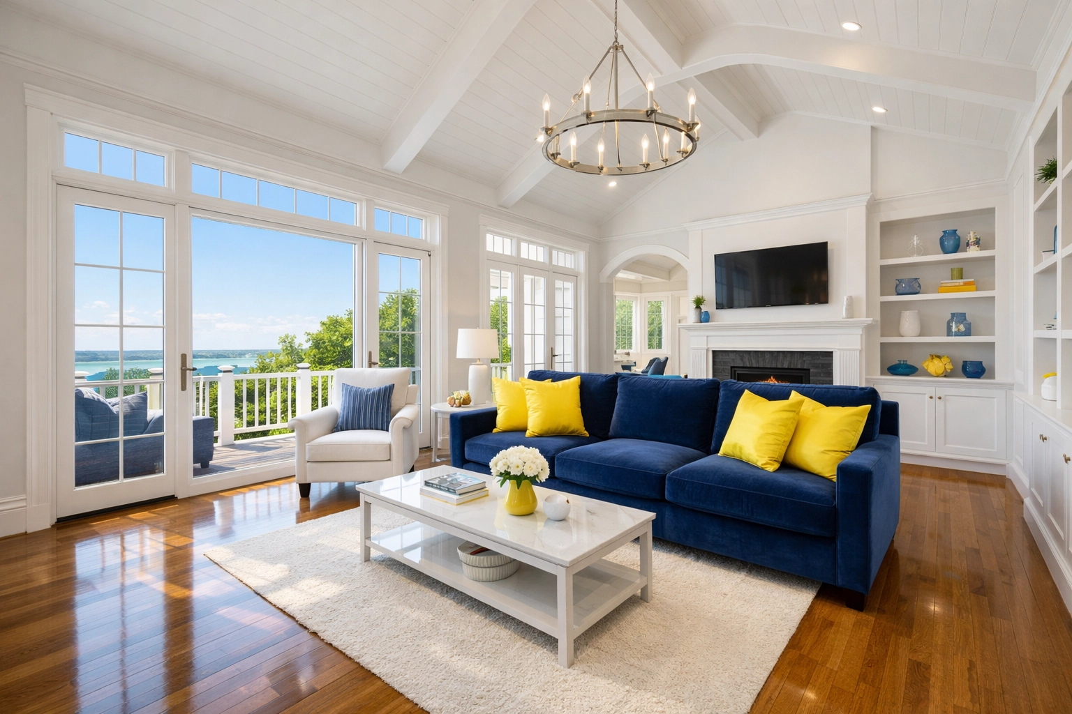 A sun-lit living room with polished floors after professional house cleaning Burlington MA.