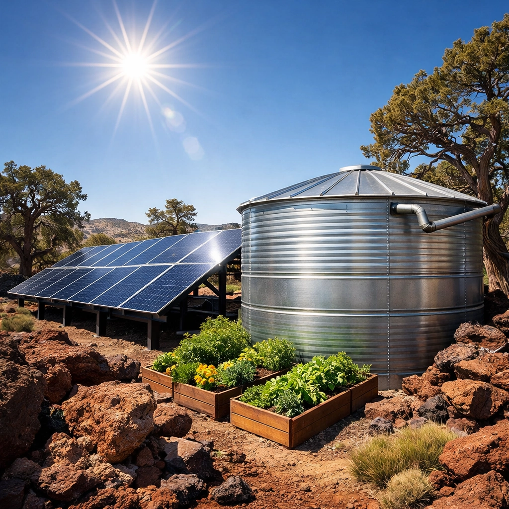 Solar panels and water catchment systems on a desert homestead for off-grid living on a budget.