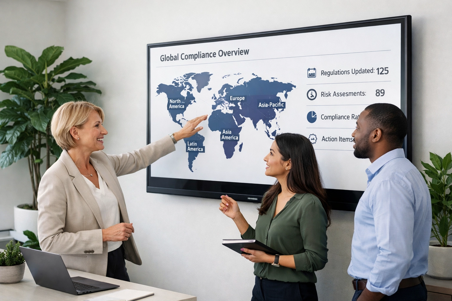ServiceNow consulting services experts reviewing global compliance and ESG data on a modern office display.