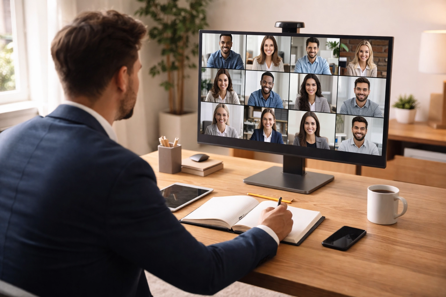 Business professional leading a virtual meeting from home, showing remote professional services teamwork and insurance compliance