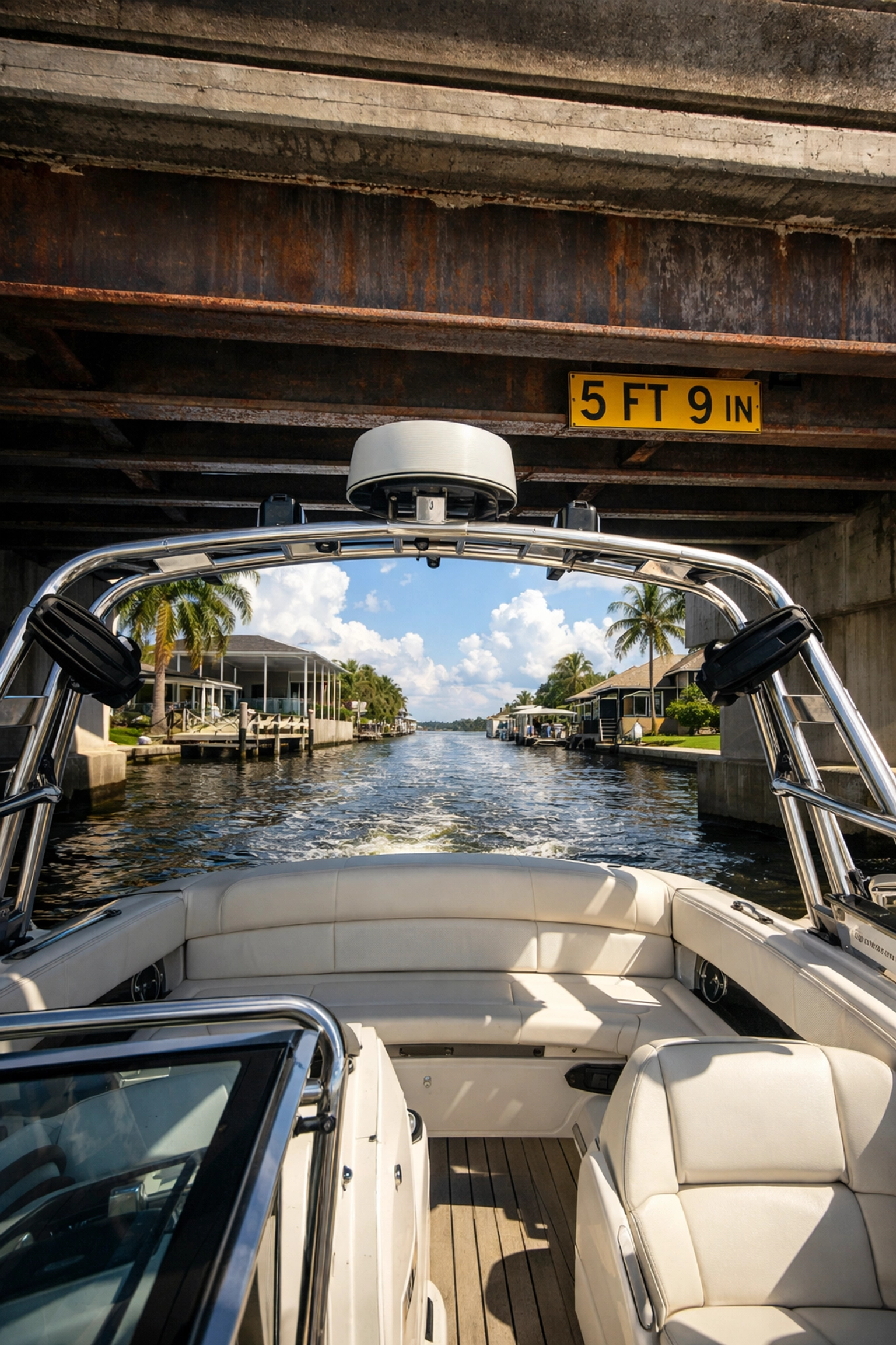 Boat navigating under bridge in Cape Coral showing clearance challenges of indirect gulf access