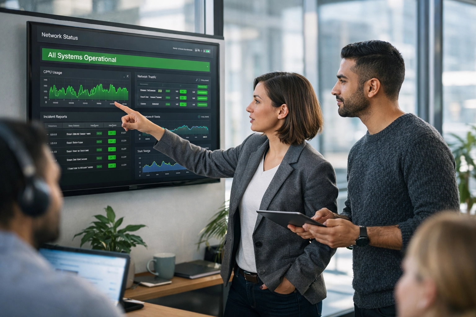 IT operations team analyzing a ServiceNow ITOM dashboard for autonomous Agentic AI remediation.