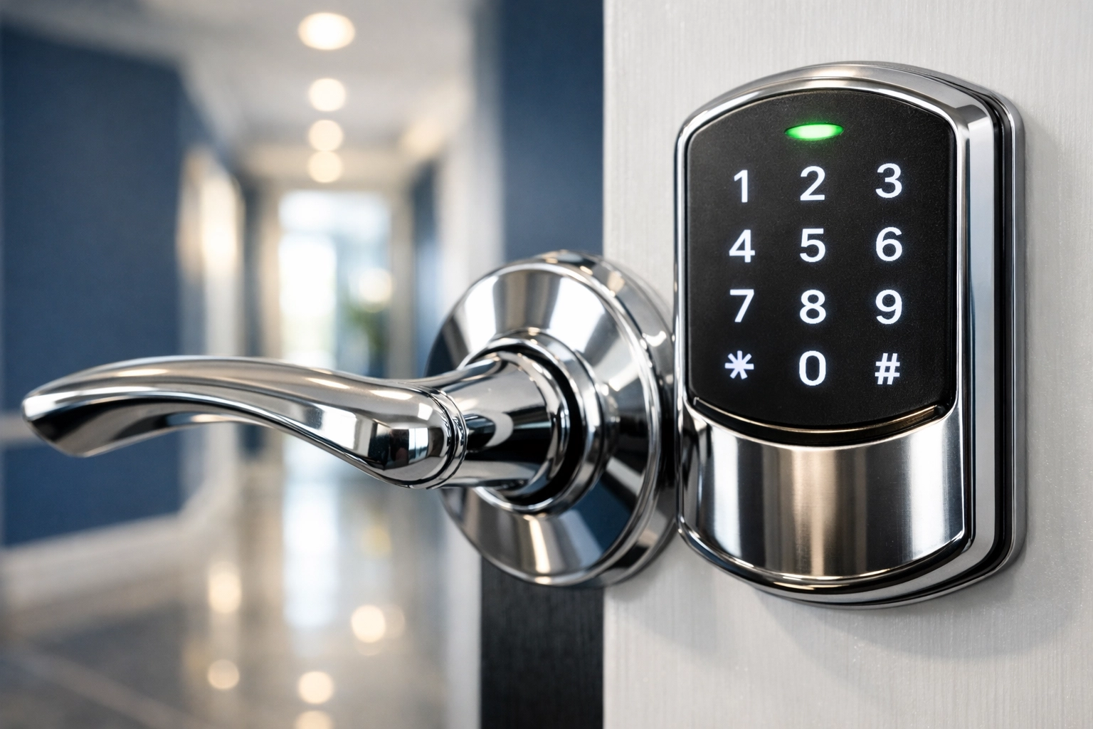 Sanitized chrome door handle and office keypad showing high-touch professional office cleaning in Worcester.