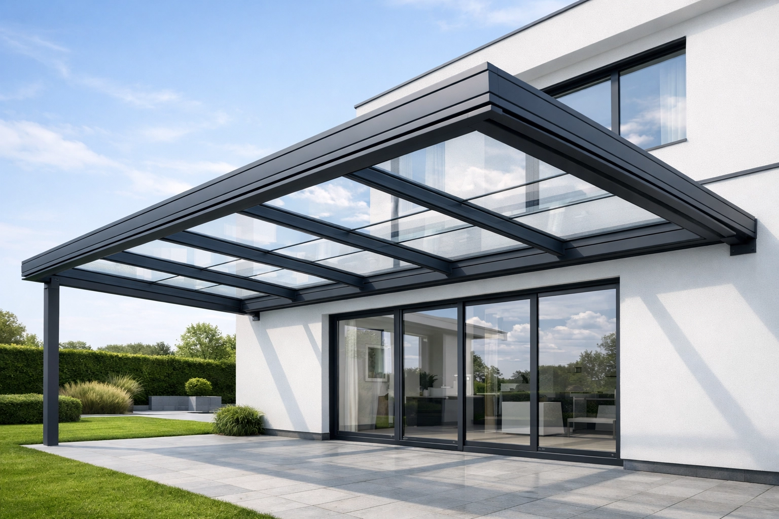 Stabile Terrassenüberdachung aus Glas und Aluminium für moderne Häuser in Wien.