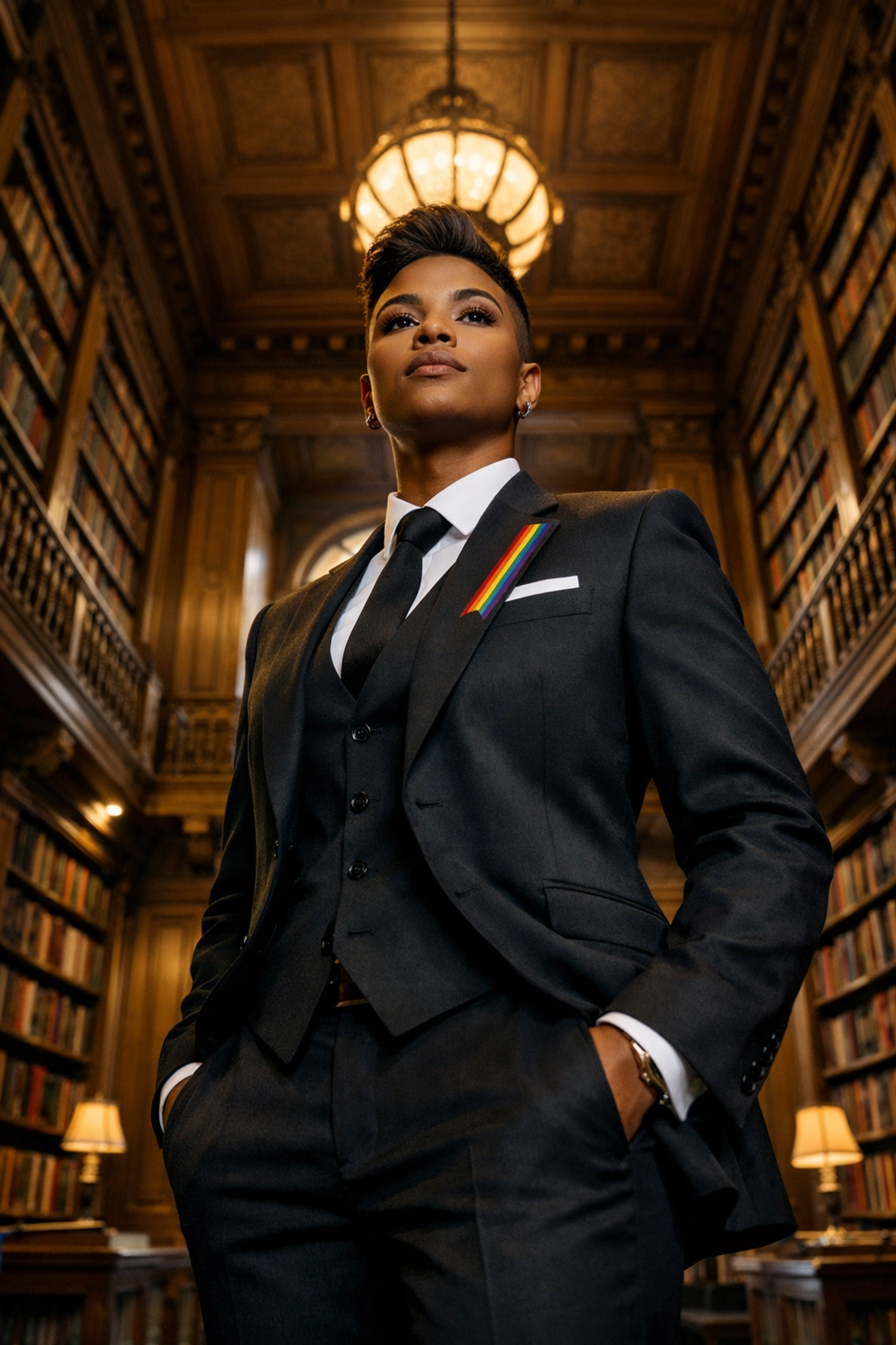 Authoritative queer person of color demonstrating leadership and academic success in a historic library.