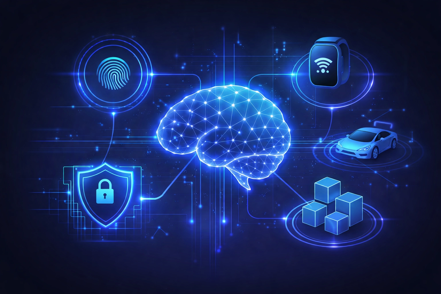 Visual representation of AI technology stack for invisible payments, featuring neural networks, biometrics, IoT devices, and secure transaction icons.