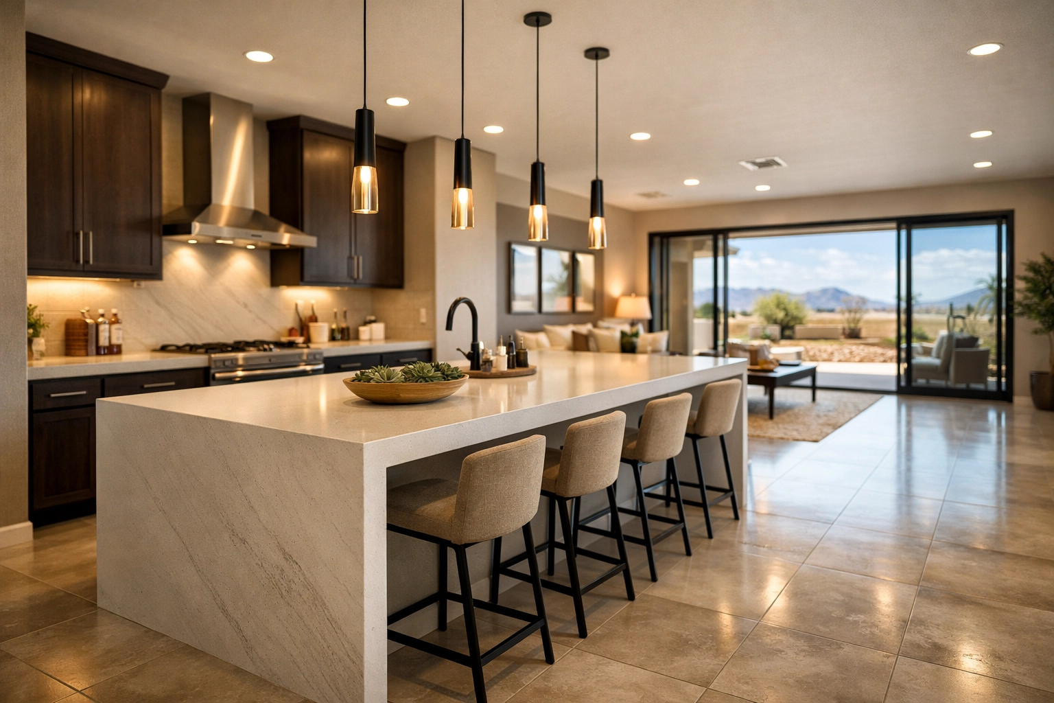 Modern kitchen with quartz island in a new construction Buckeye AZ home showing common builder upgrades. Modern kitchen with quartz island in a new construction Buckeye AZ home showing common builder upgrades.