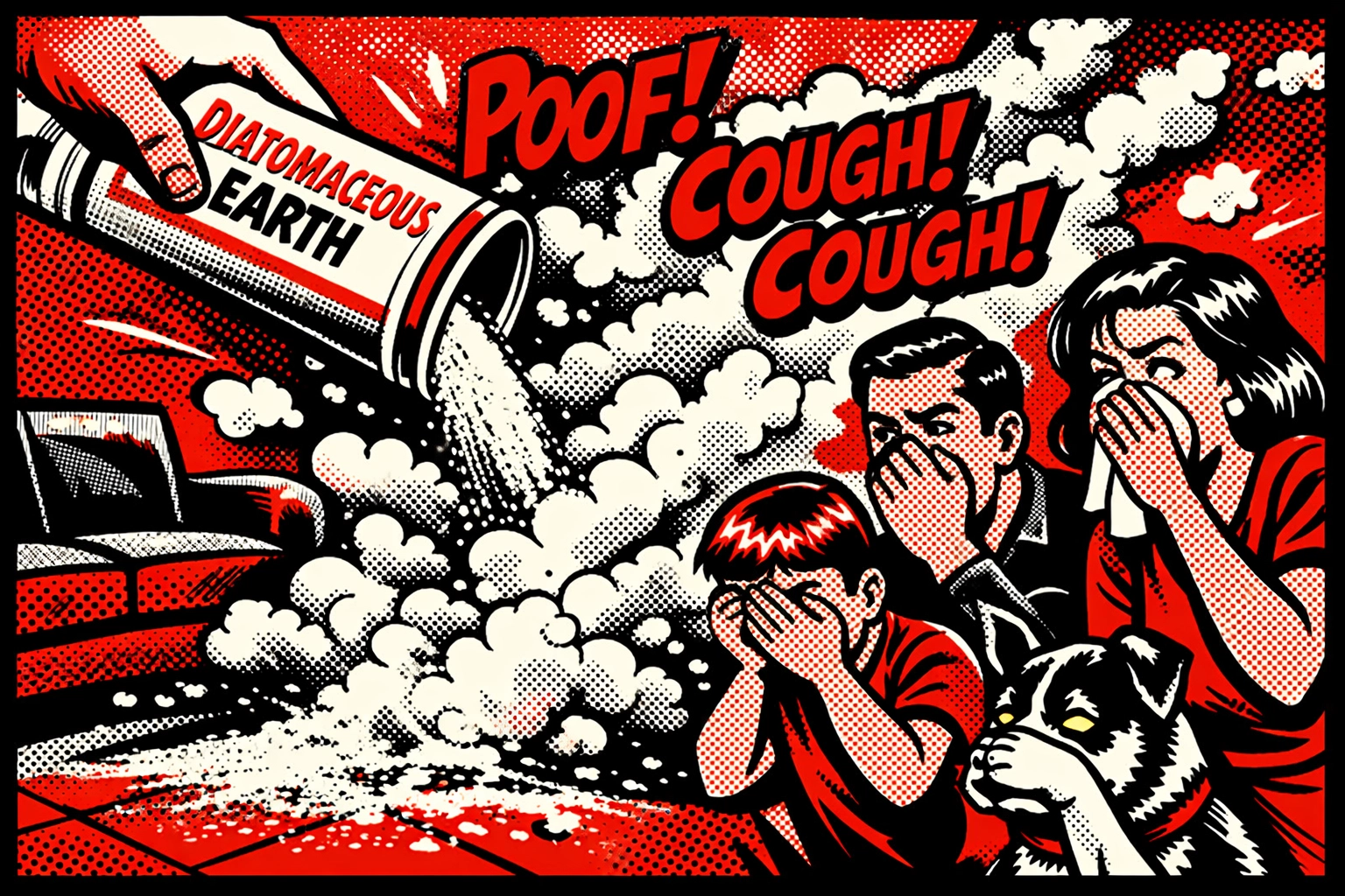 Family avoiding harmful diatomaceous earth dust cloud from DIY roach control attempt in Jasper home