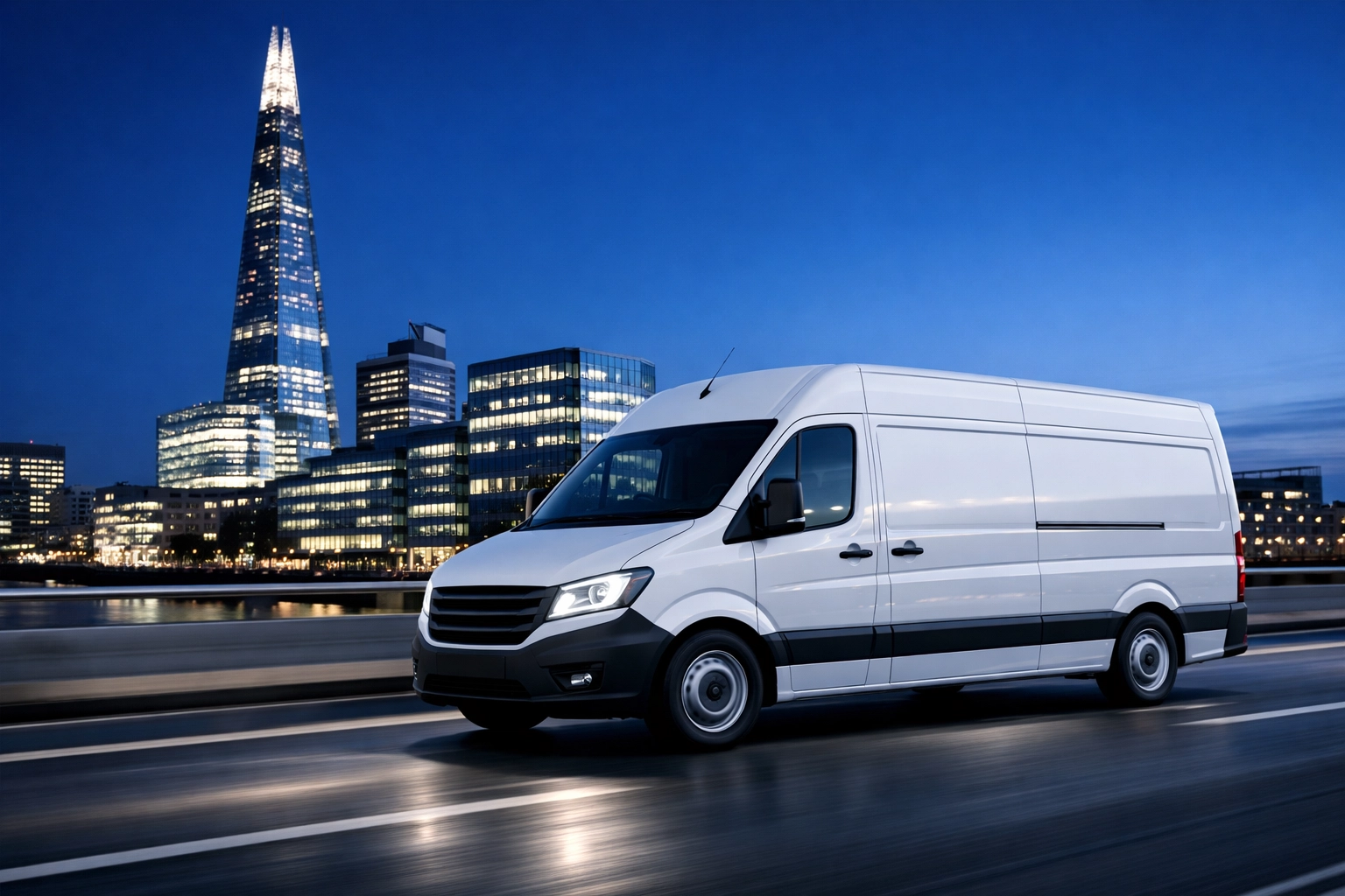 Express delivery van transporting high-priority cargo through London for final mile delivery.