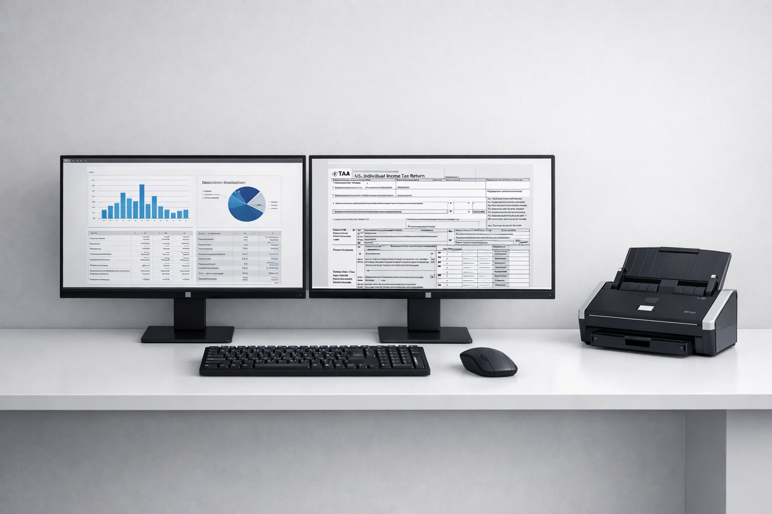 Dual monitor tax workstation with high-end scanner for audit protection and professional risk management.