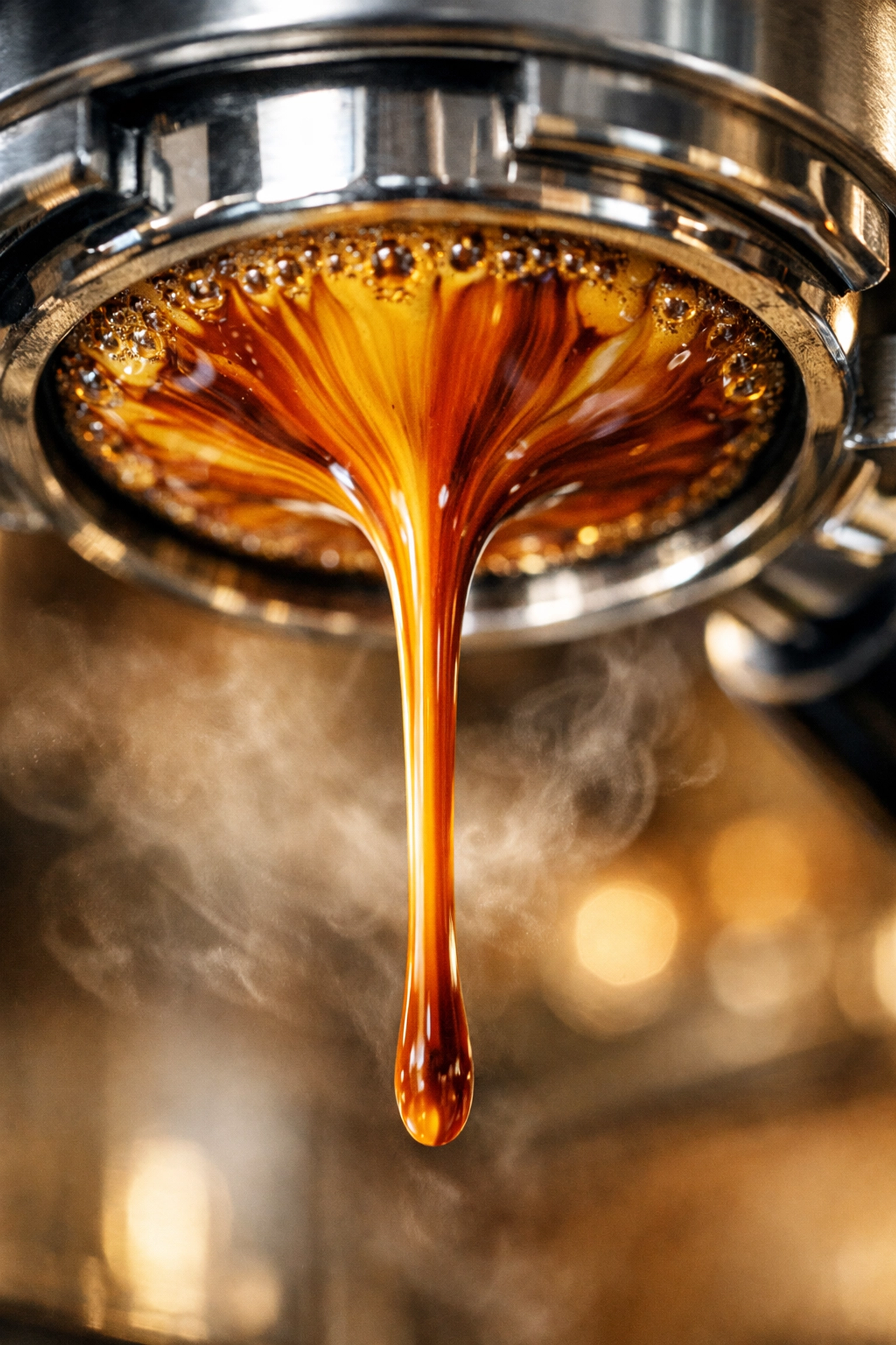 Rich espresso flowing from a bottomless portafilter with thick golden crema during extraction.