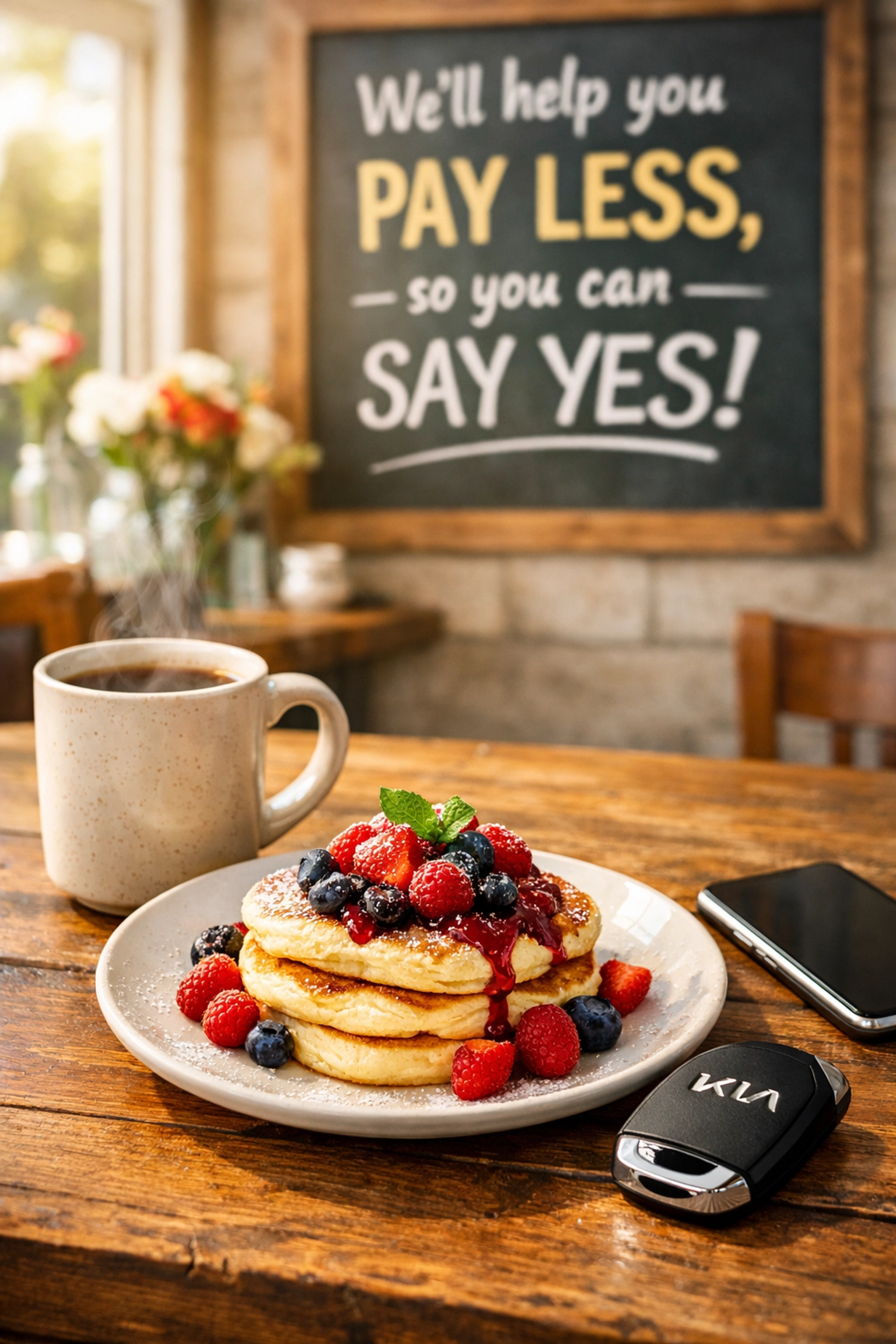 Fluffy pancakes and coffee at a Roseville cafe with a Kia key fob on the table.