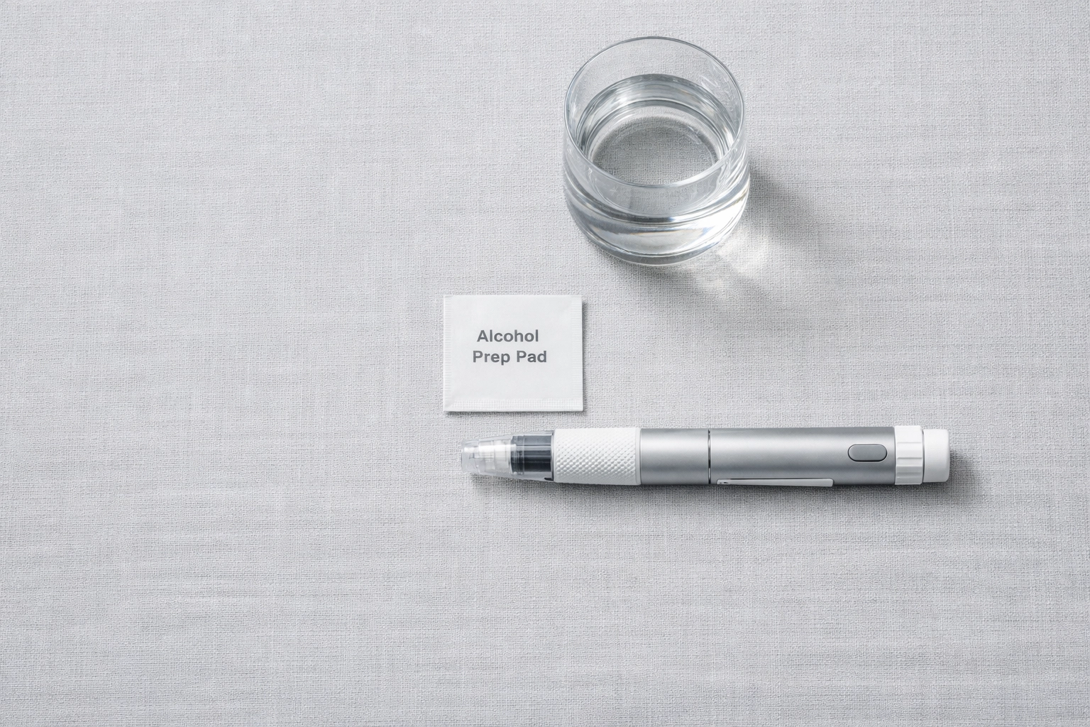 A clean setup of a medical injector pen and supplies for administering a weekly GLP 1 dosage.