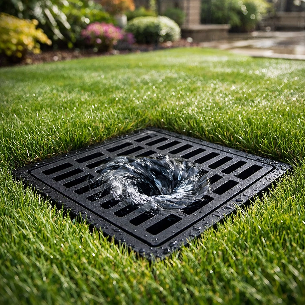 Professional catch basin installation on a Clarkston lawn to manage heavy surface water runoff.