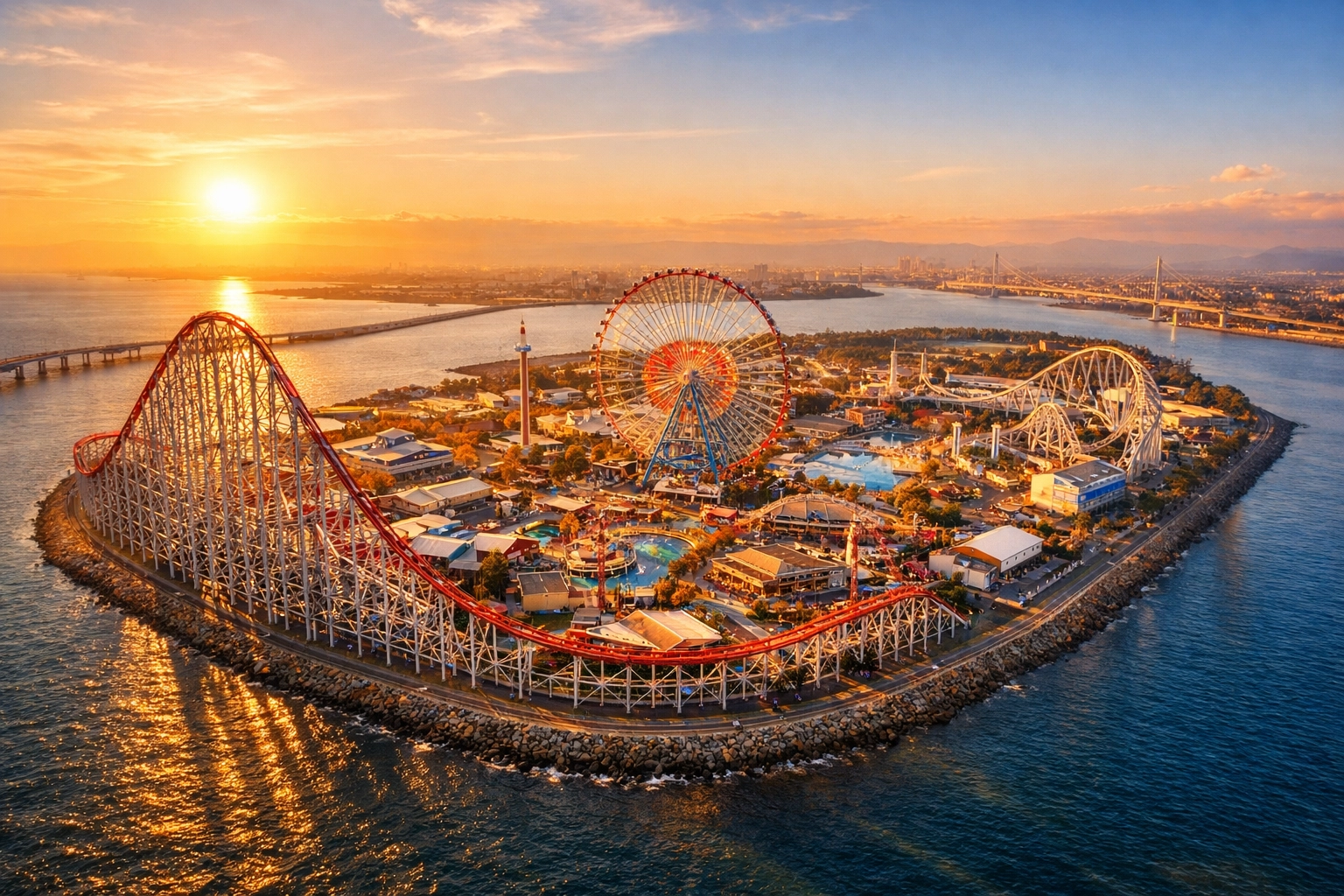 Wide-angle sunset view of Nagashima Spa Land and Steel Dragon 2000, one of the best photography locations in Japan.