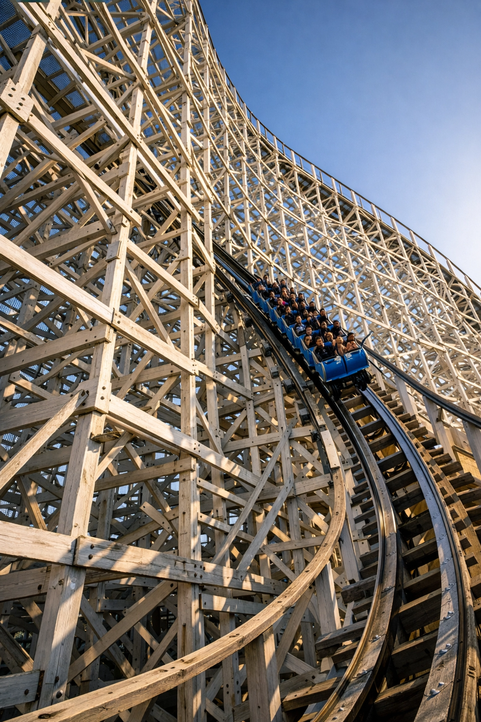 The white wooden structure of the Hakugei roller coaster, a top photo spot at Nagashima Spa Land.