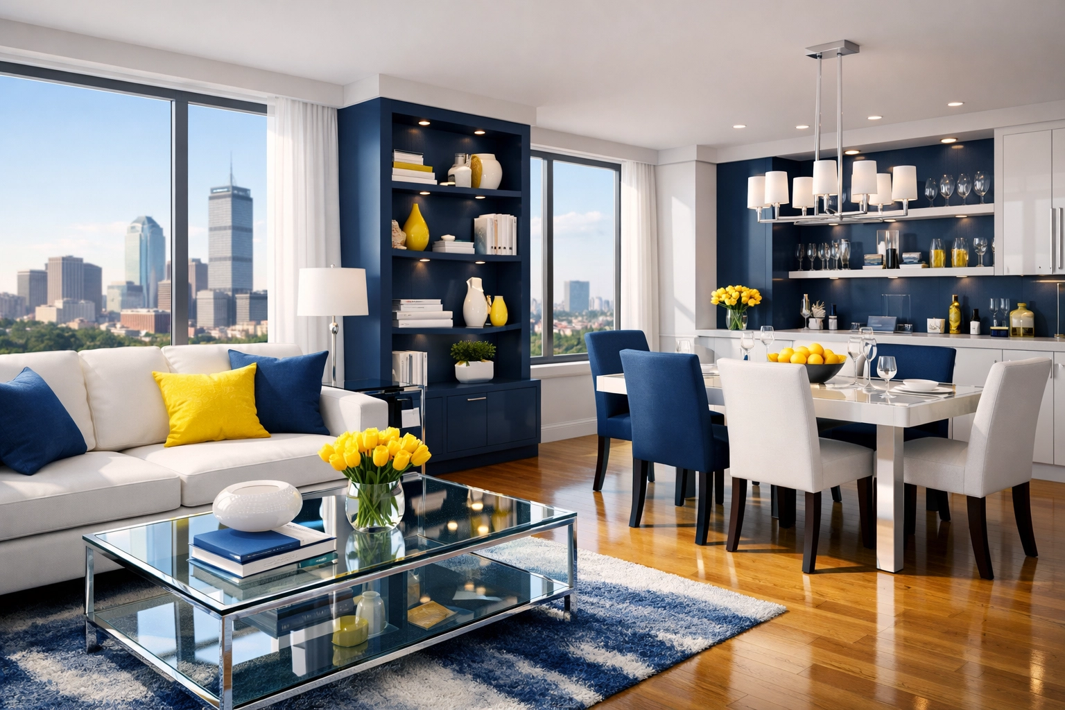 A deep-cleaned open-concept living area with sparkling surfaces and a clean view of the Boston city skyline.