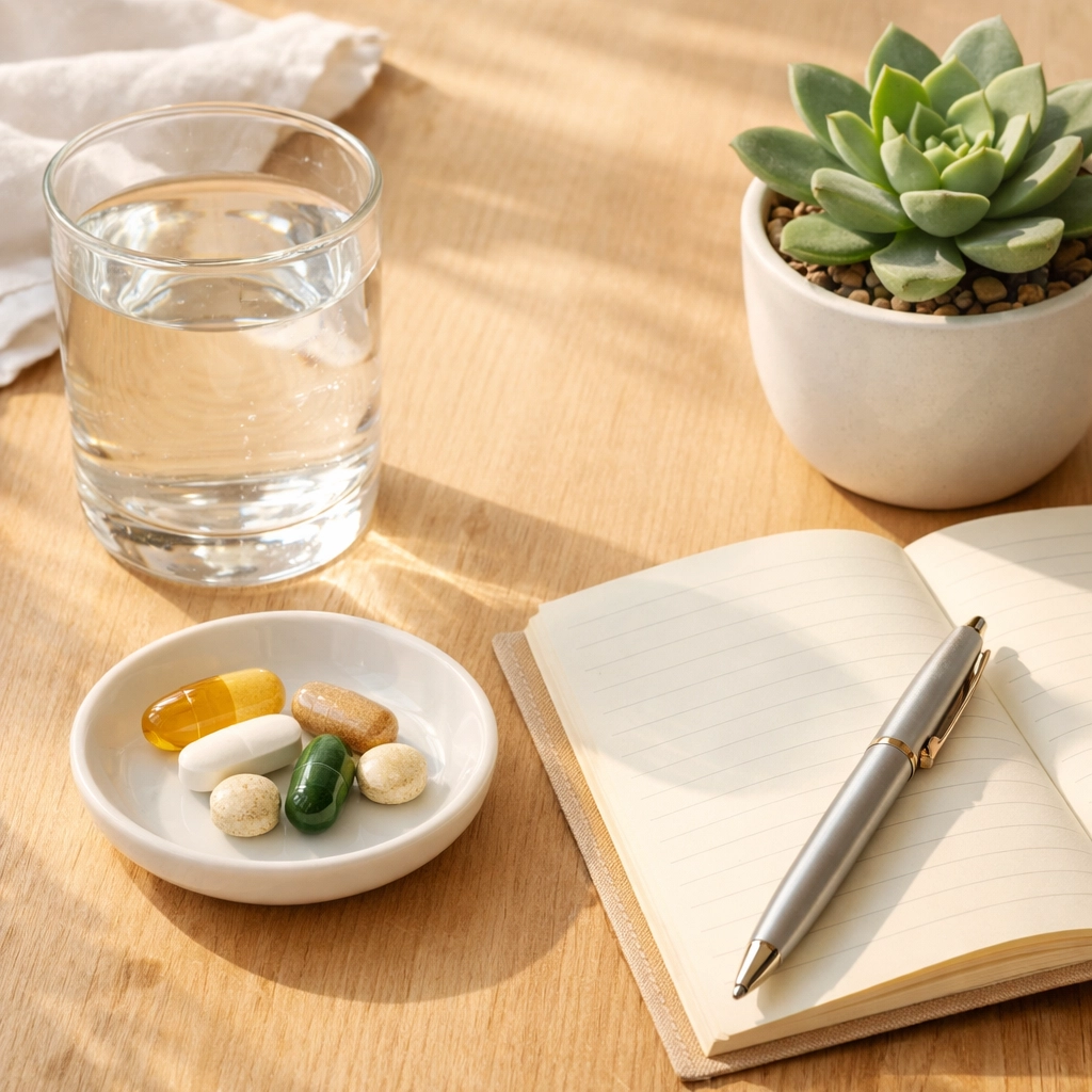 Daily morning supplement routine with essential vitamins for preventative health habits