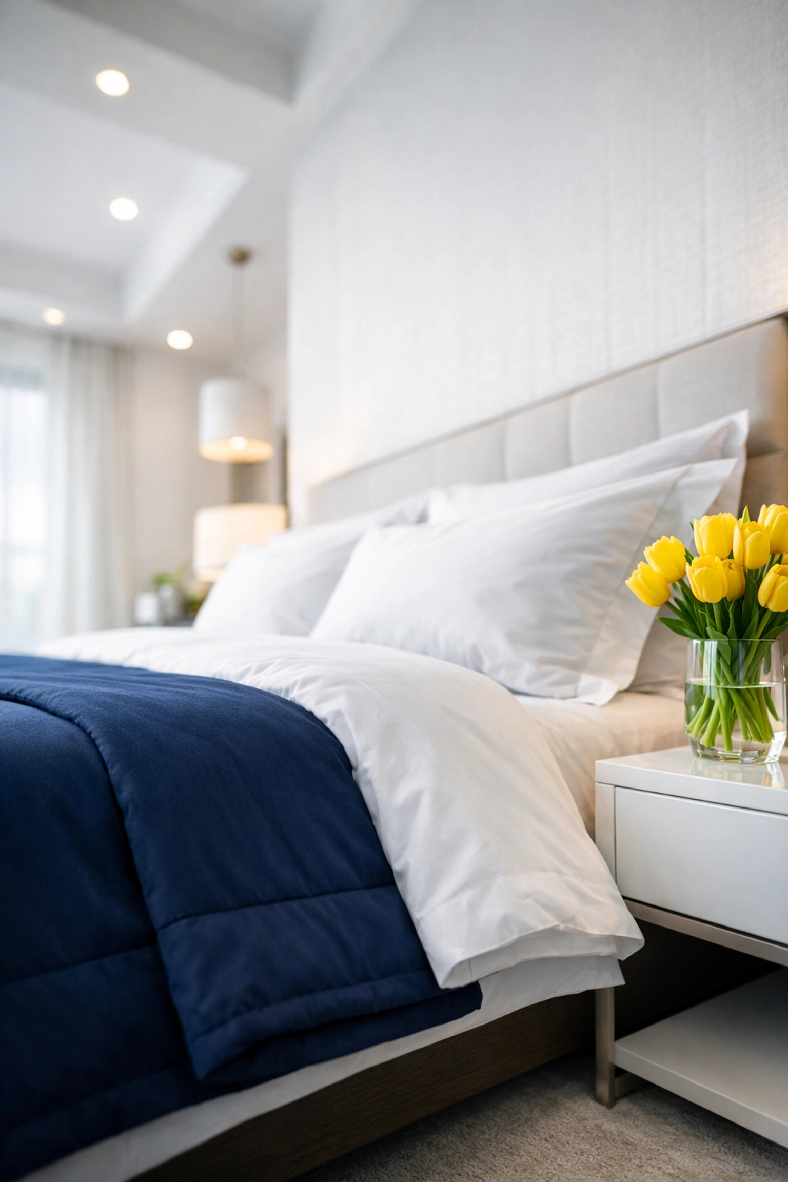 Luxury bedroom with fresh linens and yellow tulips demonstrating expert residential cleaning MA standards.